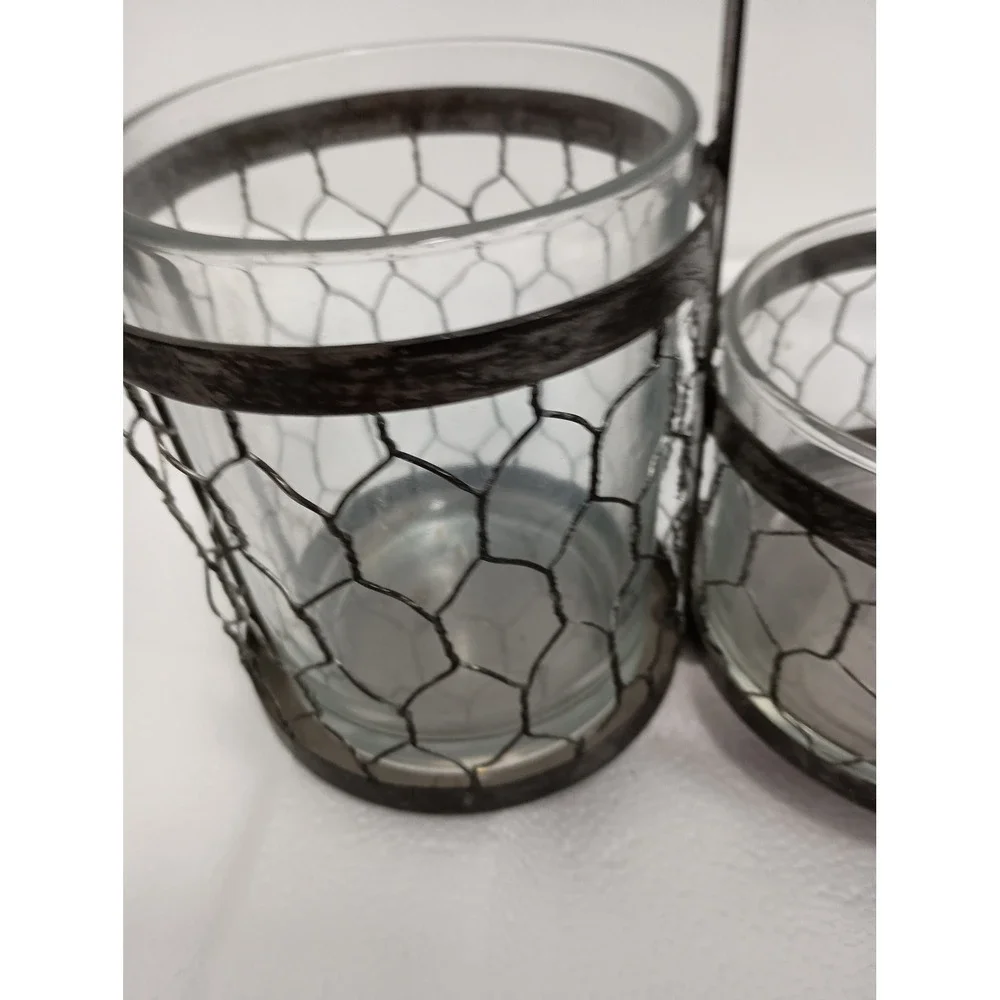 Vintage Rustic Metal Glass Caddy Server Organizer Handle Brown Farmhouse‎ Decor